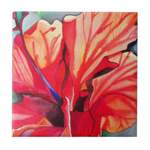 Azulejo De Cerâmica Arte aquarela de flor tropical Red Hibiscus