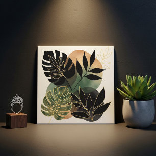 Azulejo De Cerâmica Arte Botânica Abstrata Moderna Folha Preta e Doura