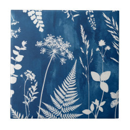 Azulejo De Cerâmica Arte Botânica de Samambaia em Azul Cianotipo Pruss