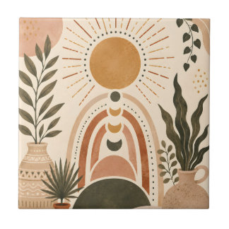 Azulejo De Cerâmica Arte Botânica e Sol Boho