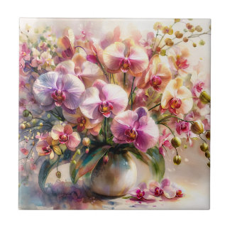 Azulejo De Cerâmica Arte Botânica Elegante em Aquarela de Orquídea