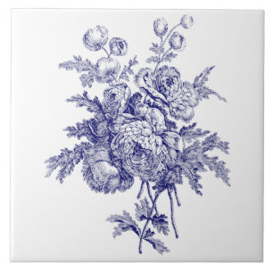 Azulejo De Cerâmica Arte Botânica Floral Azul e Branco