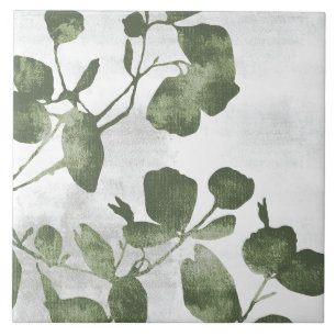 Azulejo De Cerâmica Arte Botânica Pintada em Verde Oliva Sage 02