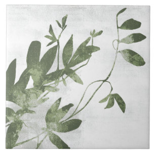 Azulejo De Cerâmica Arte Botânica Pintada em Verde Oliva Sage 09