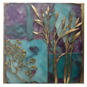 Azulejo De Cerâmica Arte Botânica Ramo Dourado com Joia