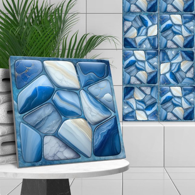 Azulejo De Cerâmica Arte Celular Abstrato Marble Azul (Criador carregado)