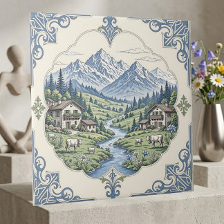 Azulejo De Cerâmica Arte Cênica de Vaca Pastando no Prado Azul da Mont