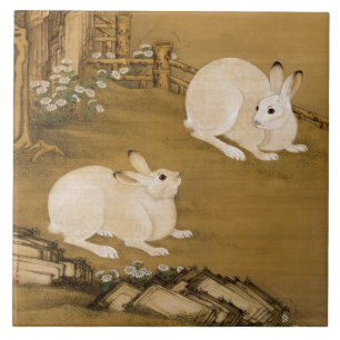 Azulejo De Cerâmica Arte Chinesa Vintage Pintura de Dois Coelhos Branc