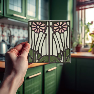 Azulejo De Cerâmica Arte Cinzenta Rosa Deco Parede Floral Arte Nouveau