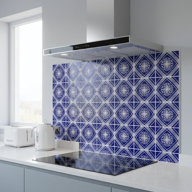 Azulejo De Cerâmica Arte da linha branca de Flor Moderna Azul (Criador carregado)