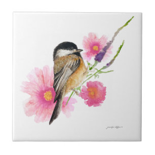 Azulejo De Cerâmica Arte de Aquarela Preta-Chickadee com Capas