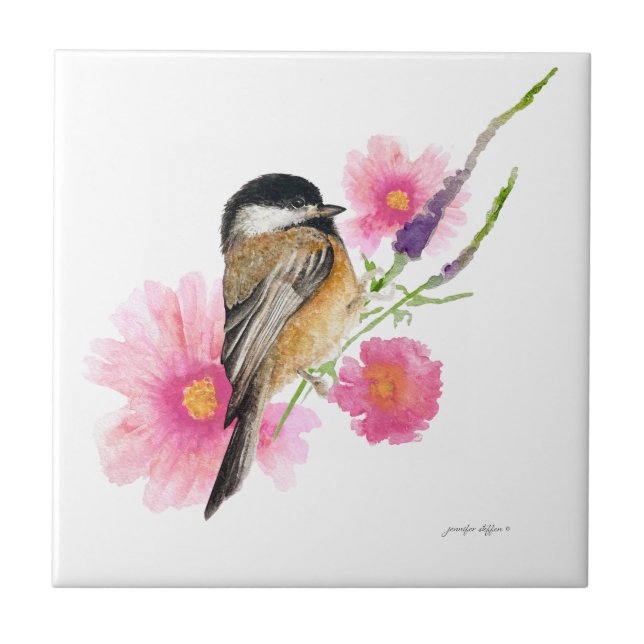 Azulejo De Cerâmica Arte de Aquarela Preta-Chickadee com Capas (Frente)