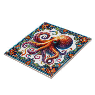Azulejo De Cerâmica Arte De Azulejo De Octopus Vibrante Representando