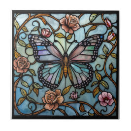 Azulejo De Cerâmica arte de borboleta azul em vidro colorido vintage