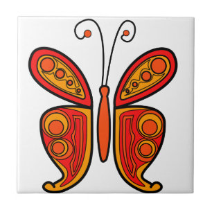 Azulejo De Cerâmica Arte de Borboleta Laranja Vermelha e Amarela