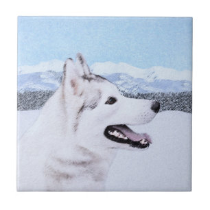 Azulejo De Cerâmica Arte de Cão Siberiana (Prata e Branca)