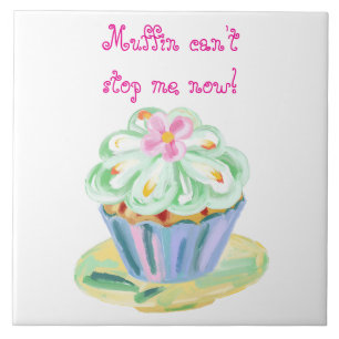 Azulejo De Cerâmica Arte de Cupcake Rosa e Verde Divertido