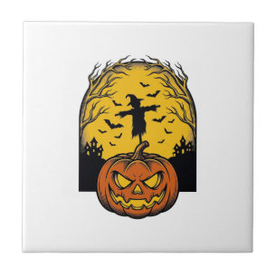 Azulejo De Cerâmica Arte de Espantalho da Lua de Abóbora de Halloween