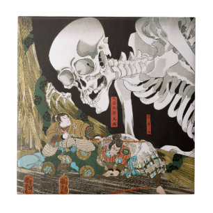Azulejo De Cerâmica Arte de Esqueleto Espetacular Ukiyo-e Vintage Kuni