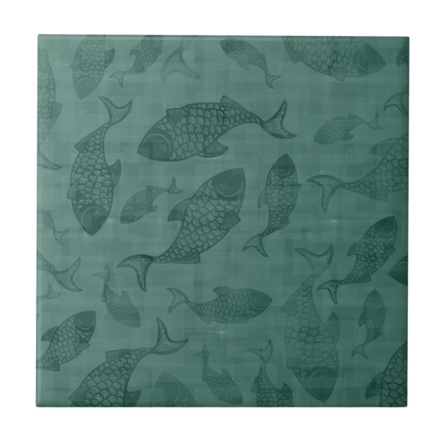 Azulejo De Cerâmica Arte de Estêncil de Peixes Aquáticos Padrão Bokeh  (Frente)