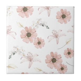Azulejo De Cerâmica Arte de Flores Rosa Bege em Aquarela