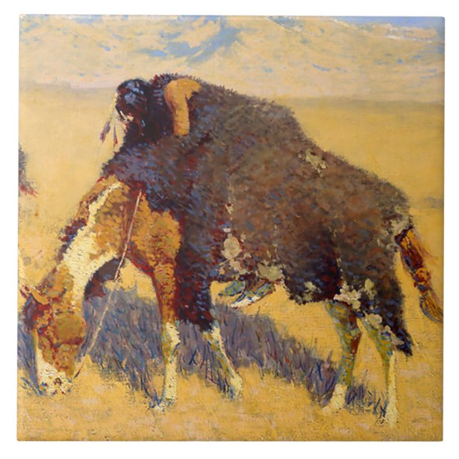 Azulejo De Cerâmica Arte de Frederic Remington Índios Simulando Búfalo (Frente)