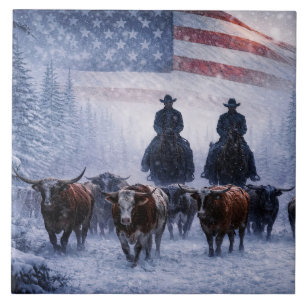 Azulejo De Cerâmica Arte de Gado de Cowboy no Inverno