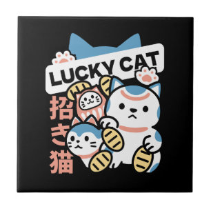 Azulejo De Cerâmica Arte de Gato Sortudo – Maneki Neko com Moeda de Ou