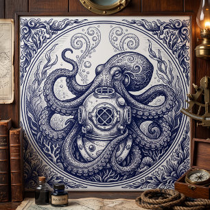 Azulejo De Cerâmica Arte de Gravação de Capacete de Diver Octopus Vint