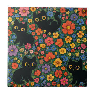 Azulejo De Cerâmica Arte de Jardim Kawaii   Padrão Floral de Gato Pret