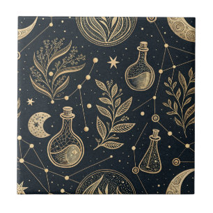 Azulejo De Cerâmica Arte de Linha Dourada Celestial - Fases da Lua e P