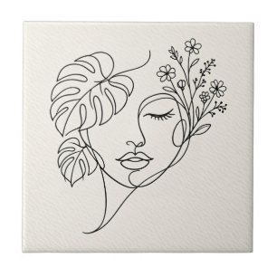 Azulejo De Cerâmica Arte de Linha Facial Floral Monstera