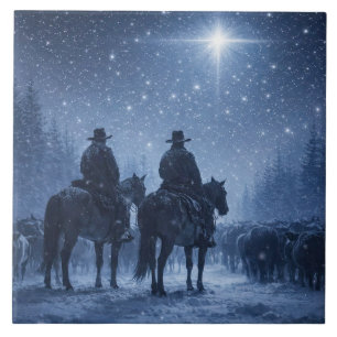 Azulejo De Cerâmica Arte de Manada de Gado de Cowboy no Inverno