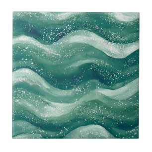 Azulejo De Cerâmica Arte de Onda do Oceano em Aquarela Azul Calmante