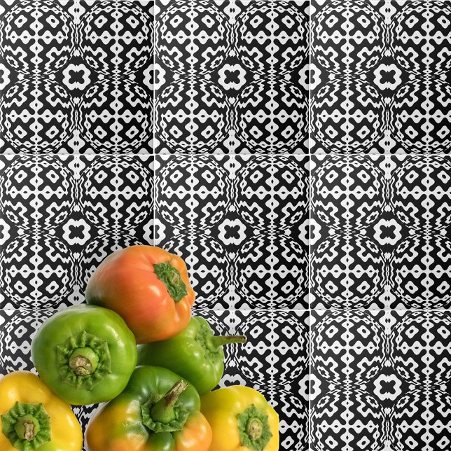 Azulejo De Cerâmica Arte De Op Geométrica Contemporânea Preta E Branca (Criador carregado)