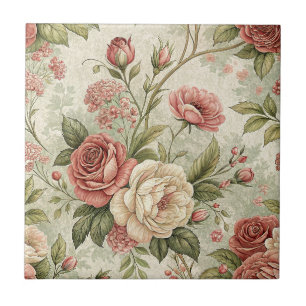 Azulejo De Cerâmica Arte de padrão botânico floral Rosa & Creme Vintag