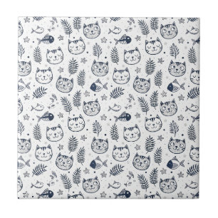 Azulejo De Cerâmica Arte de Padrão de Rosto de Gato Minimalista e Folh