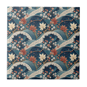 Azulejo De Cerâmica Arte de Padrão Floral de Onda Japonesa e Flor de C