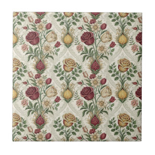 Azulejo De Cerâmica Arte de padrão floral vintage de damasco e rosa in