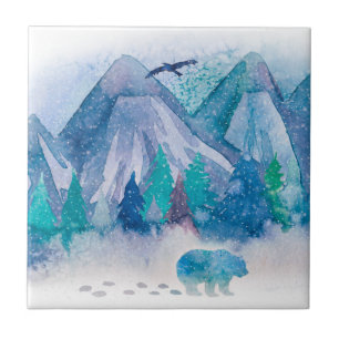 Azulejo De Cerâmica Arte de paisagem montanhosa de inverno em aquarela
