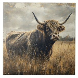 Azulejo De Cerâmica Arte de Paisagem Rústica de Vaca das Terras Altas