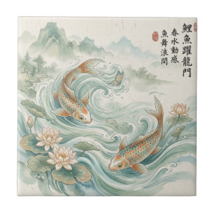 Azulejo De Cerâmica Arte de Peixe Koi Lótus em Tinta Lavada