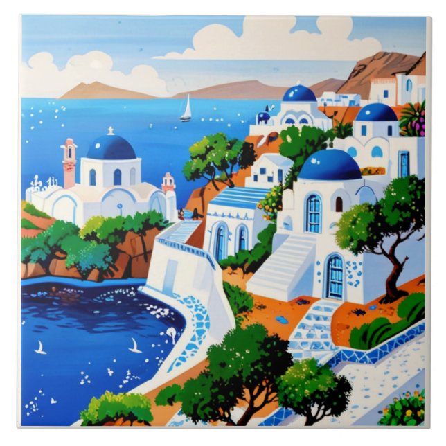 Azulejo De Cerâmica Arte de Pintura por Aquarela Santorini - Ilha Greg (Frente)