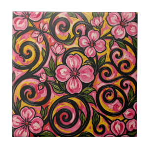 Azulejo De Cerâmica Arte de redemoinho floral rosa vibrante