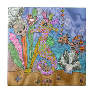 Azulejo De Cerâmica Arte de Tartaruga Marinha Cavalo-Marinho Psicodéli