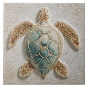 Azulejo De Cerâmica Arte de Tartaruga Marinha Costeira Aqua e Areia