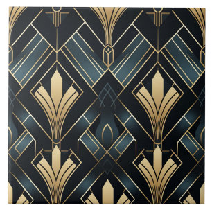 Azulejo De Cerâmica Arte Deco Azul e Dourado, Brilhante e Escuro