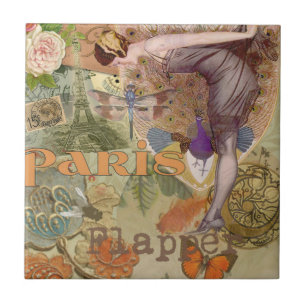 Azulejo De Cerâmica Arte Deco Colagem de Pavão Flapper Paris Antigo