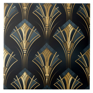 Azulejo De Cerâmica Arte Deco de Diamante em Azul Marinho e Dourado de