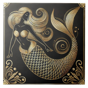 Azulejo De Cerâmica Arte Deco de sereia em preto e dourado em linha de